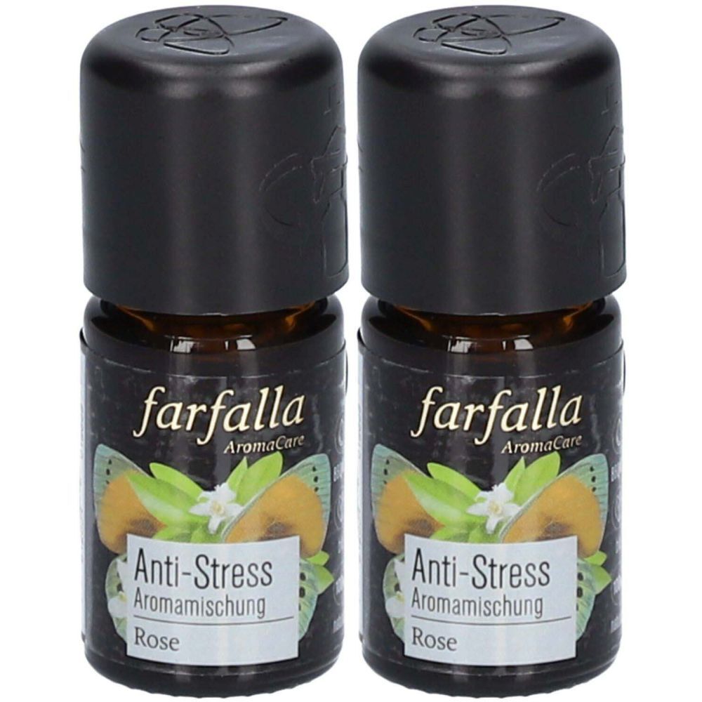 Zwei Fläschchen mit schwarzem Deckel. Aufschrift: farfalla AromaCare, Anti-Stress Aromamischung Rose. Etikett mit Blüten und Schmetterling.
