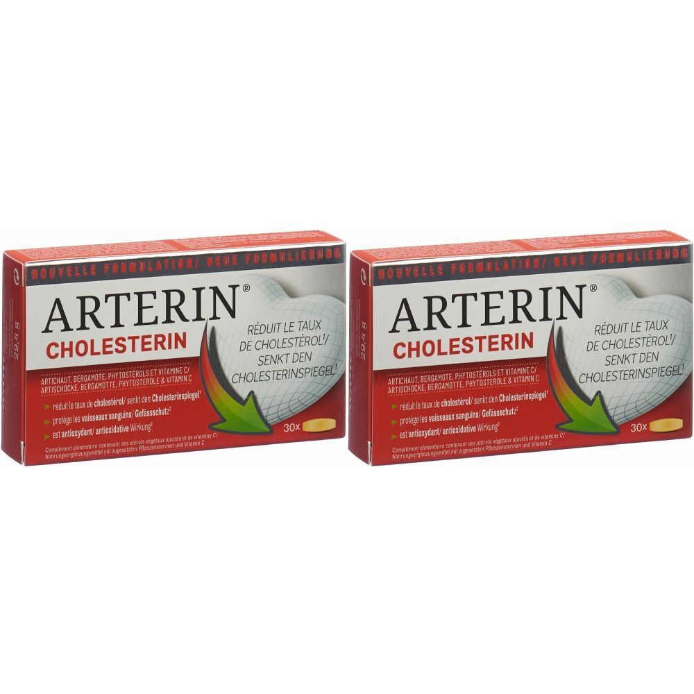 Zwei rote Schachteln mit der Aufschrift ARTERIN Cholesterin. Aufschrift: Reduziert Cholesterinspiegel. 30 Tabletten.