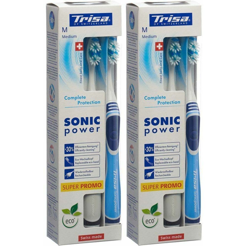 Zwei Zahnbürsten in Verpackung. Marke Trisa, Modell Sonic Power, blaue Griffe, "Medium". Verpackung mit Schweizer Kreuz und "Swiss made".
