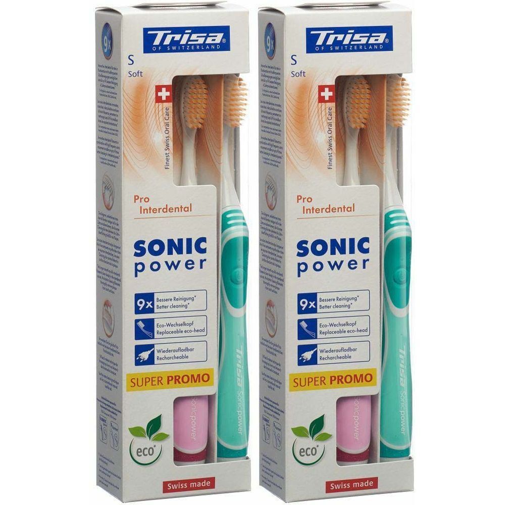 Deux brosses à dents dans un emballage. Marque Trisa, modèle Sonic Power Pro Interdental. Manche vert et blanc, poils jaunes. Super Promo.