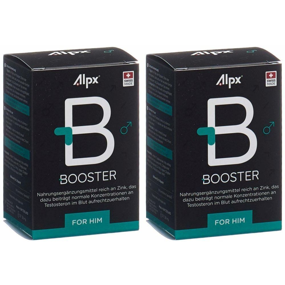Zwei schwarze Schachteln mit "Alpx B Booster". Text: Nahrungsergänzungsmittel, reich an Zink. "Swiss Made" Logo. "For Him".