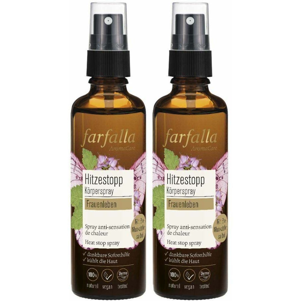 Zwei braune Sprühflaschen mit schwarzem Sprühkopf. Auf den Etiketten steht "farfalla Hitzestopp Körperspray Frauenleben".