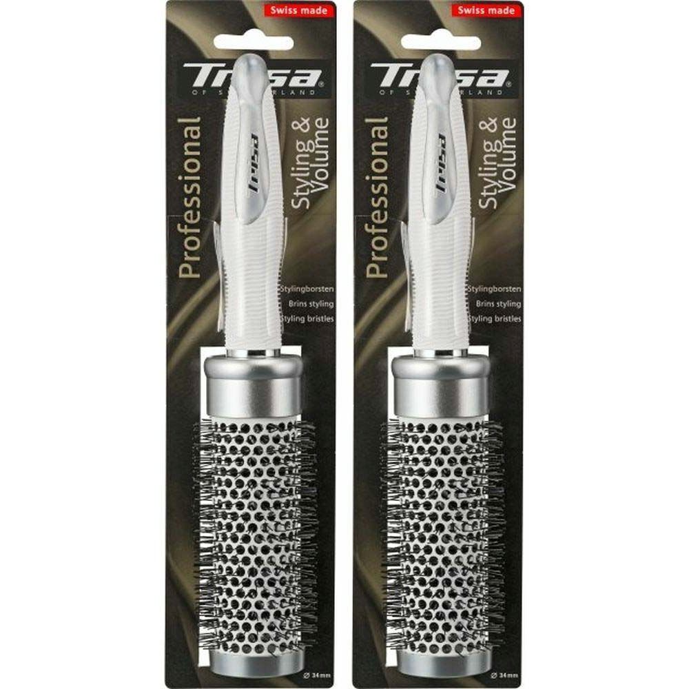 Zwei Stylingbürsten. Metallzylinder mit Borsten, weißer Griff. Verpackung mit Markenlogo und Schriftzug 'Professional'.