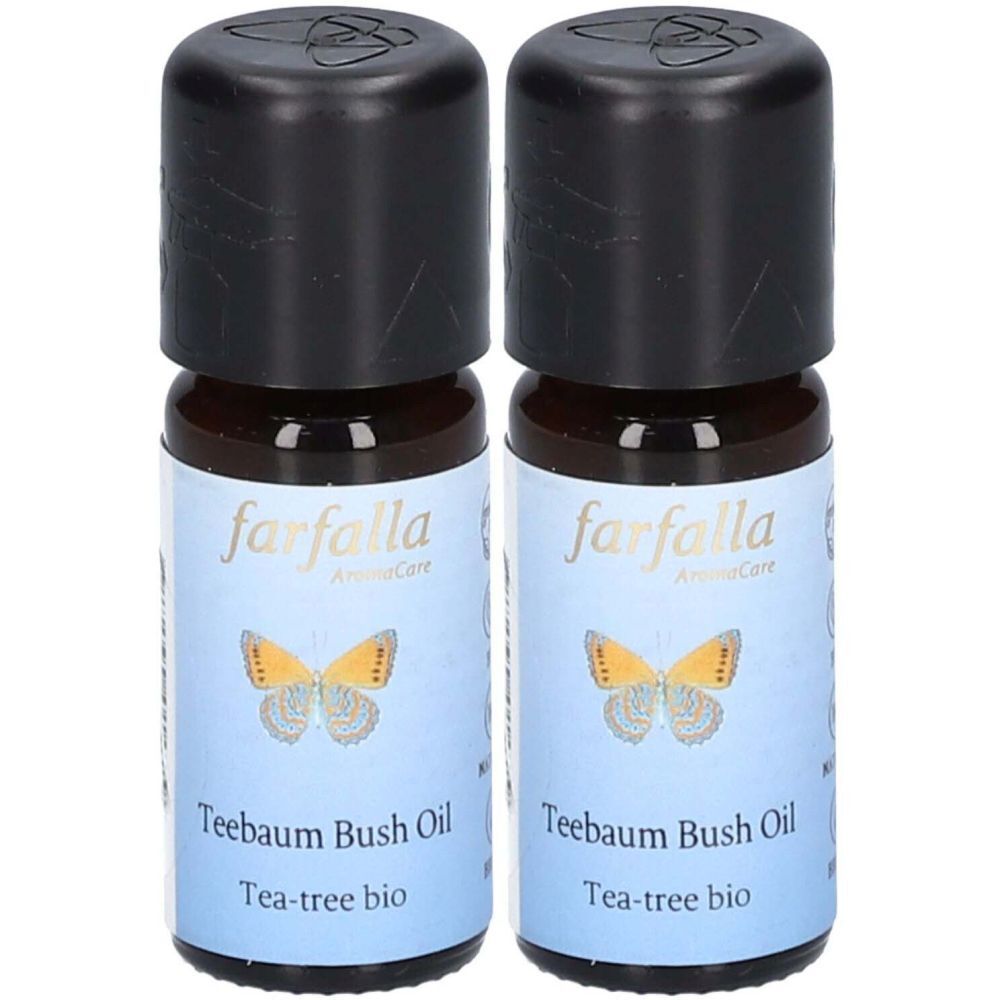 Zwei kleine Flaschen mit schwarzem Deckel. Auf den Etiketten steht "farfalla" und "Teebaum Bush Oil".