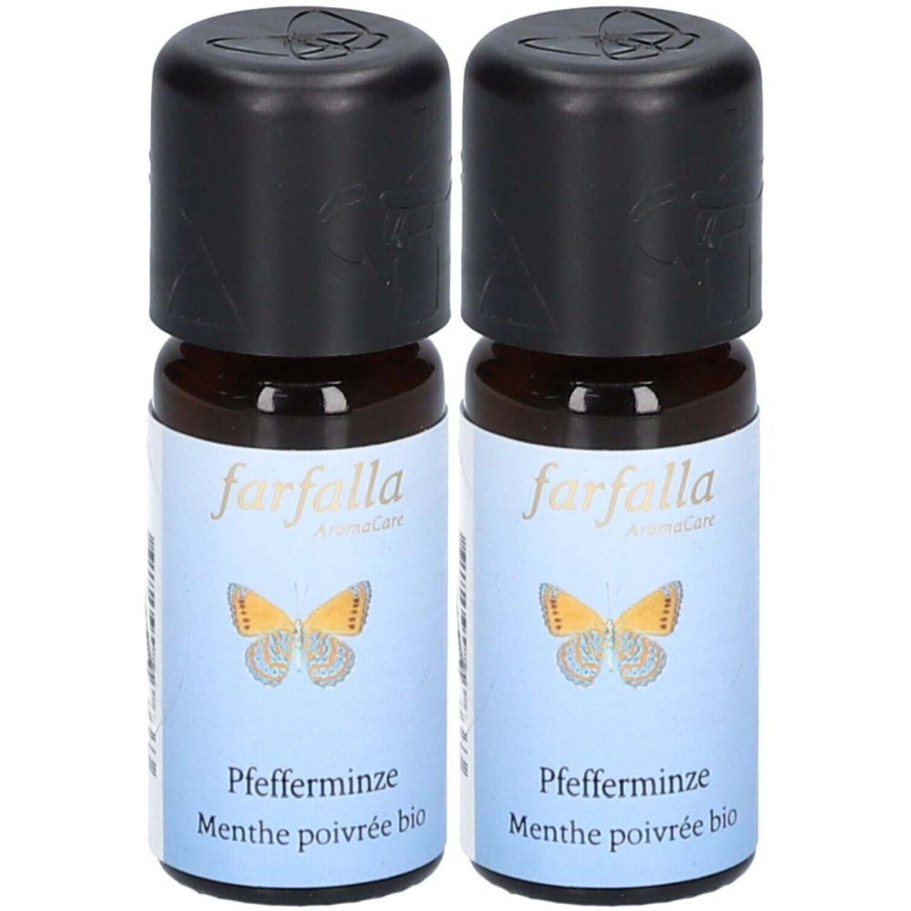 Deux petites bouteilles avec bouchons noirs. Les étiquettes indiquent "farfalla" et "Pfefferminze".