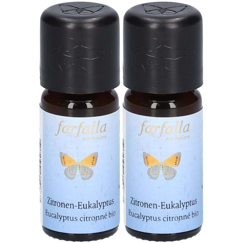 Zwei braune Glasflaschen mit schwarzen Deckeln. Auf den Etiketten steht "farfalla" und "Zitronen-Eukalyptus".