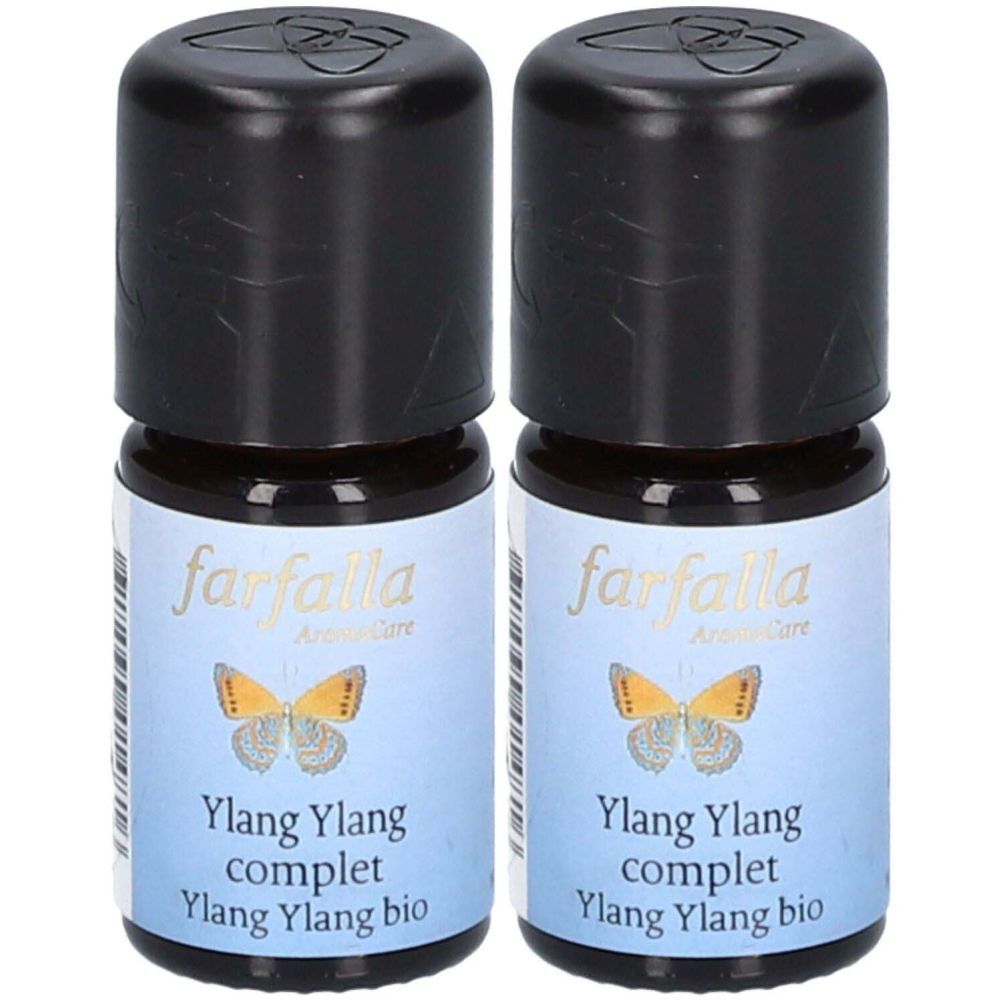Zwei kleine Flaschen mit schwarzem Deckel. Auf den Etiketten steht "farfalla" und "Ylang Ylang complet Ylang Ylang bio".