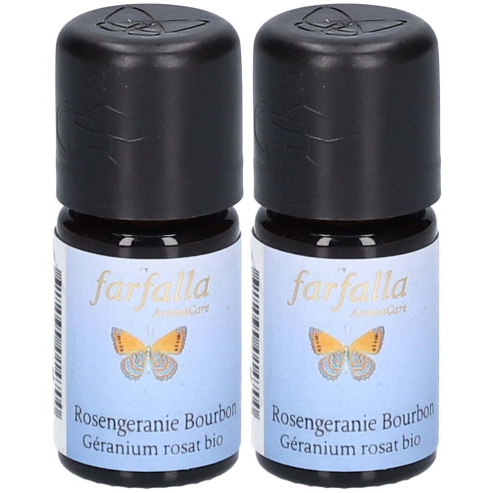 Zwei kleine Glasflaschen mit schwarzem Deckel. Auf den Etiketten steht "farfalla" und "Rosengeranie Bourbon".
