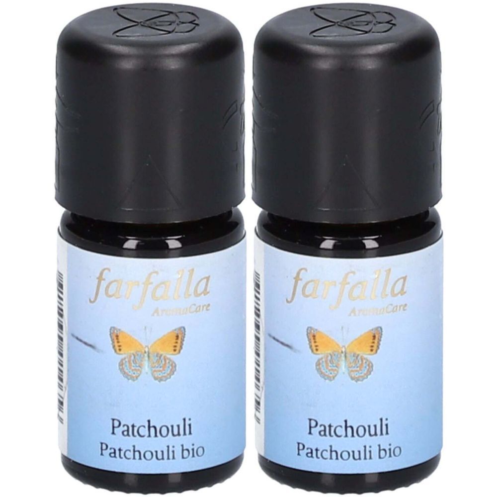 Zwei Flaschen mit schwarzem Deckel. Auf dem Etikett steht "farfalla AromaCare" und "Patchouli bio".