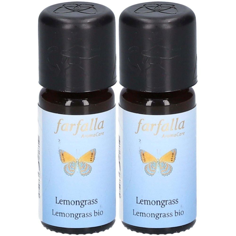 Zwei kleine braune Glasflaschen mit schwarzen Deckeln. Auf den Etiketten steht "farfalla" und "Lemongrass bio".