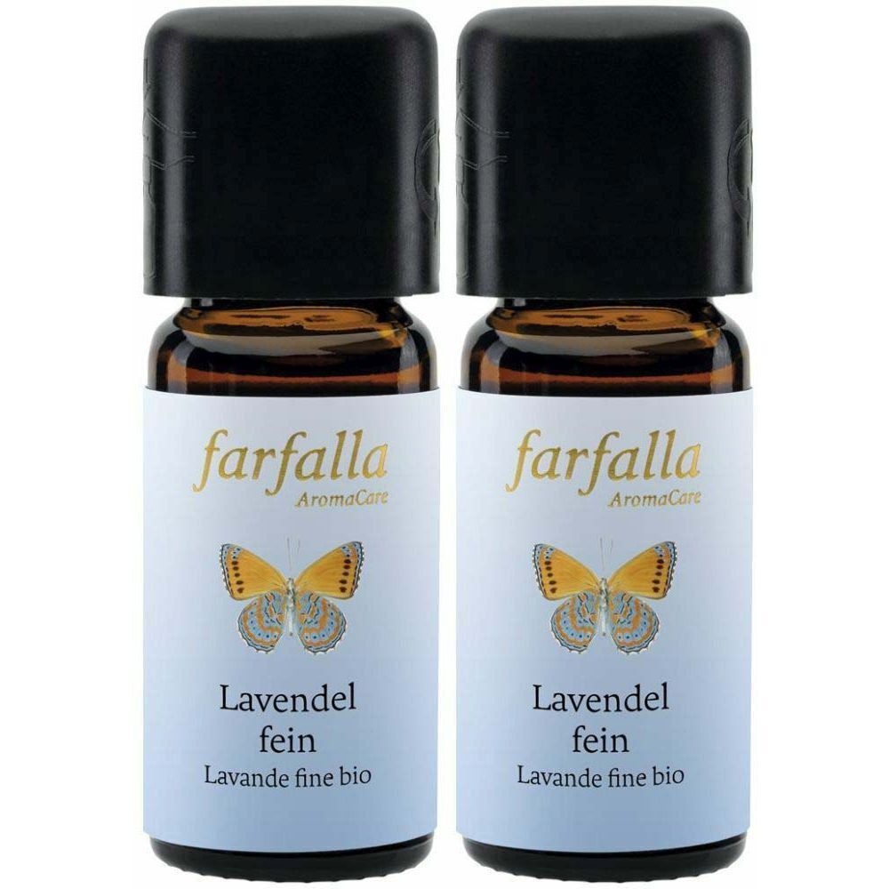 Zwei Flaschen mit schwarzem Verschluss. Auf dem Etikett steht "farfalla AromaCare", ein Schmetterling und "Lavendel fein".