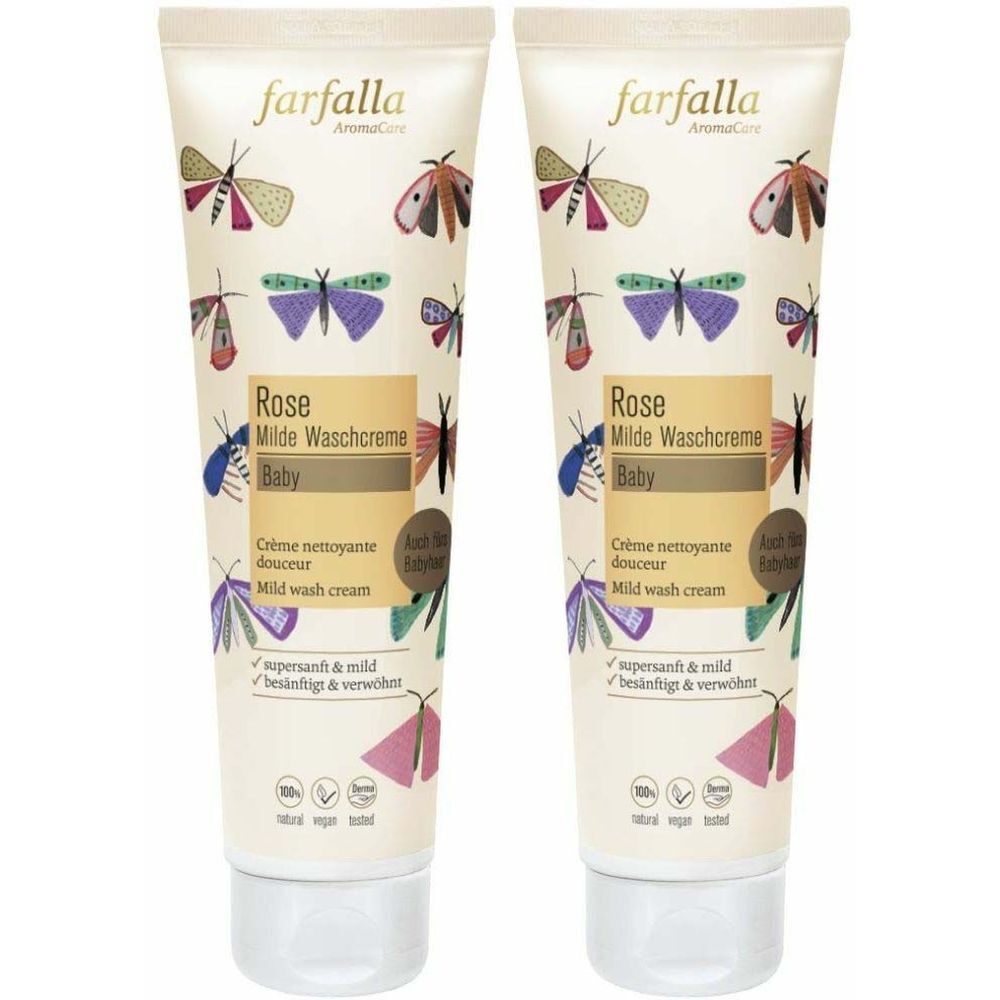 Zwei Tuben Waschcreme mit Schmetterlingsmuster. Aufschrift: Rose Milde Waschcreme Baby. Marke: farfalla.
