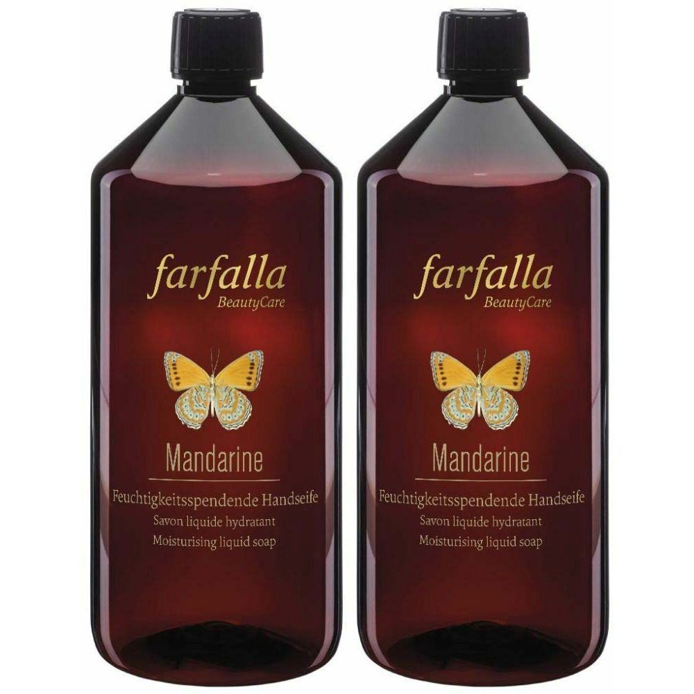 Zwei braune Flaschen Flüssigseife. Aufschrift: farfalla, Mandarine, Feuchtigkeitsspendende Handseife. Mit Schmetterlingsmotiv.