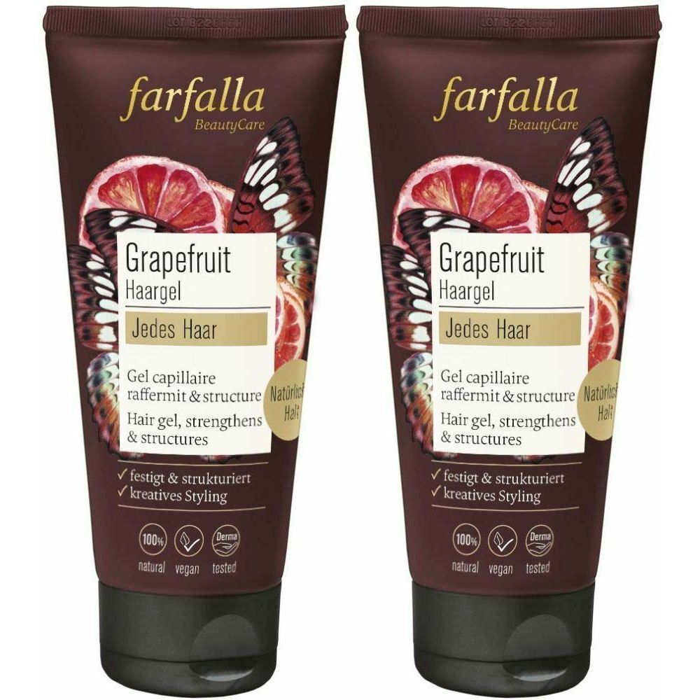 Zwei Tuben Haargel. Aufschrift: farfalla BeautyCare, Grapefruit Haargel, Jedes Haar. Mit Illustrationen von Grapefruit und Schmetterlingen.