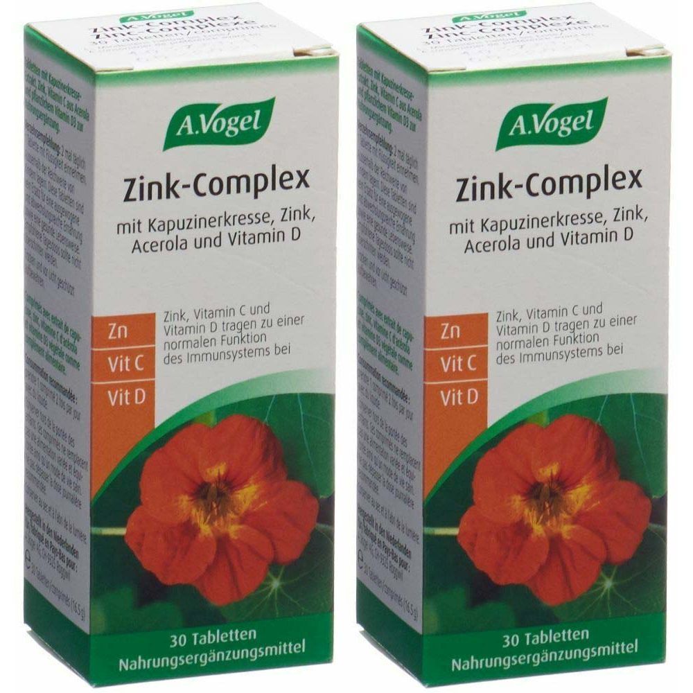 Zwei Schachteln A.Vogel Zink-Complex. Aufdruck: Zink, Acerola, Vitamin D. Orangefarbene Blüte. 30 Tabletten. Nahrungsergänzungsmittel.
