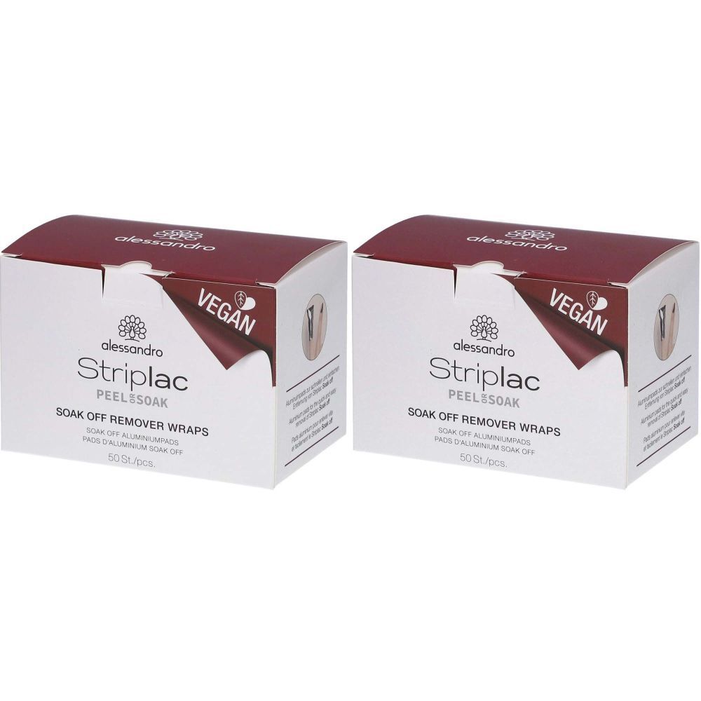 Zwei Kartons mit "alessandro Striplac Peel & Soak" mit "VEGAN" Logo. Aufschrift: SOAK OFF REMOVER WRAPS.