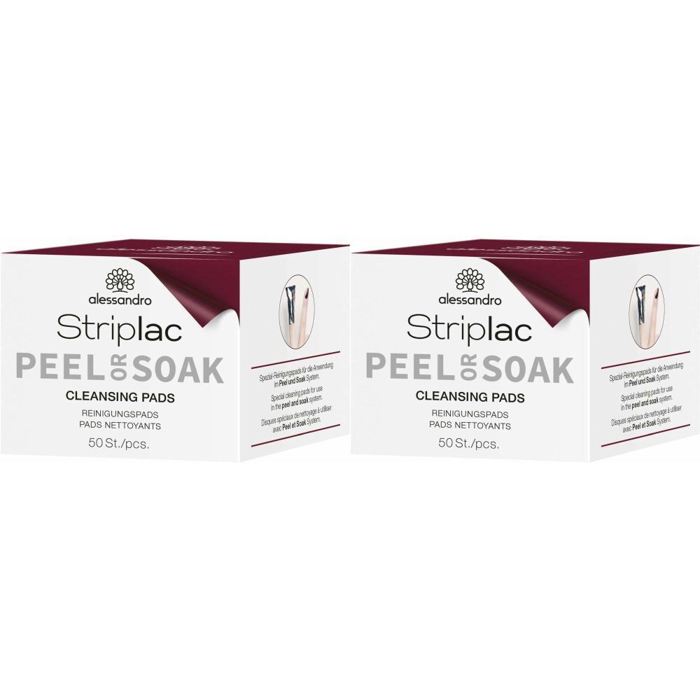 Deux boîtes carrées avec l'inscription Striplac PEEL OR SOAK. Inscription: CLEANSING PADS, 50 St/pcs.