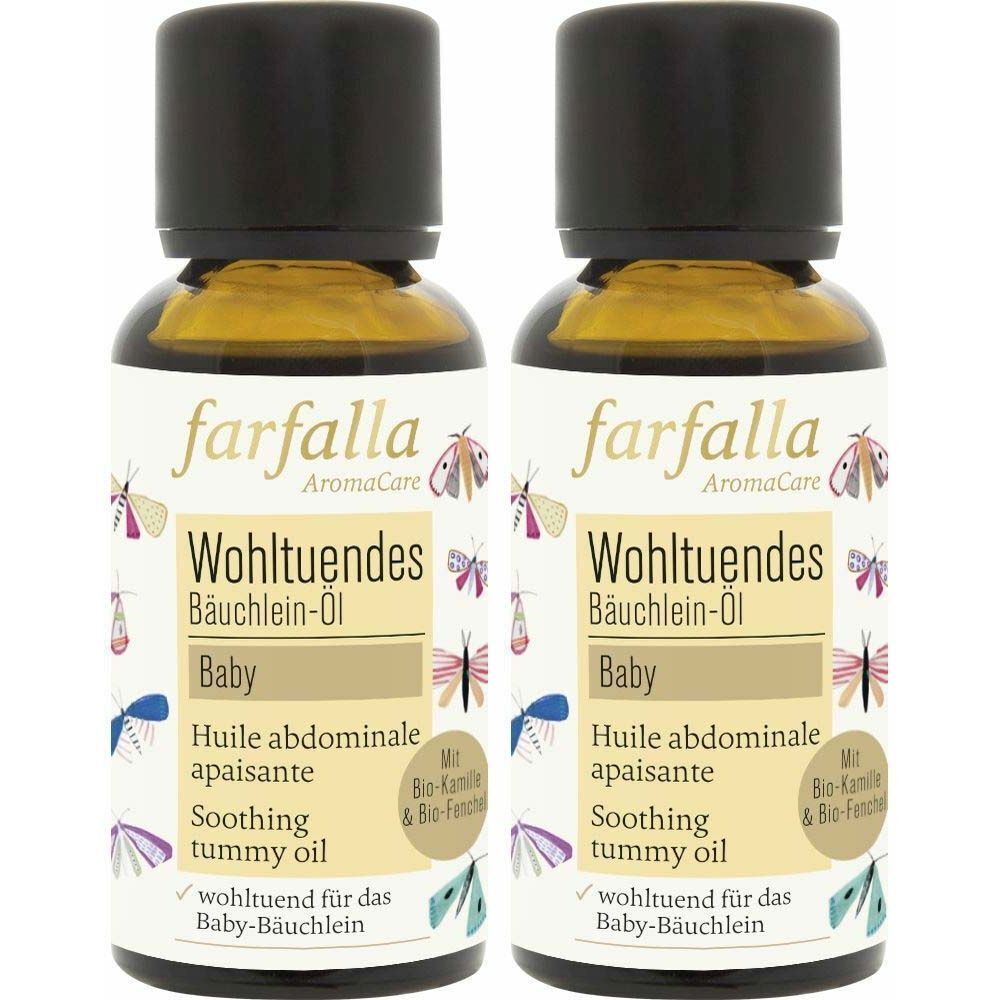 Zwei Flaschen Öl mit schwarzem Verschluss. Aufschrift: farfalla AromaCare Wohltuendes Bäuchlein-Öl Baby.