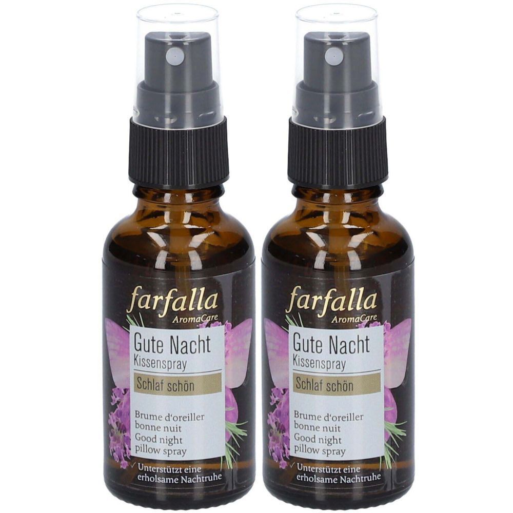 Zwei braune Glasflaschen mit Sprühkopf. Auf den Etiketten steht "farfalla Gute Nacht Kissenspray".
