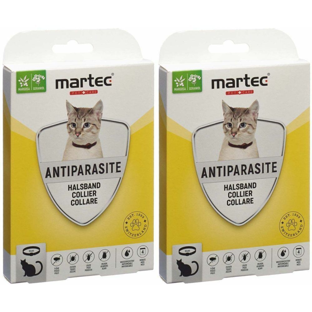 Deux boîtes de collier antiparasitaire pour chats. Sur chaque boîte, un chat avec un collier. Texte : Antiparasite, Halsband, Collare.