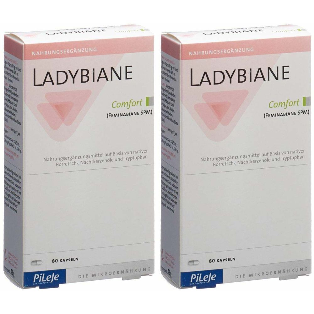 Deux boîtes blanches LADYBIANE Comfort. Texte : Complément alimentaire. 80 gélules. Marque Pileje.