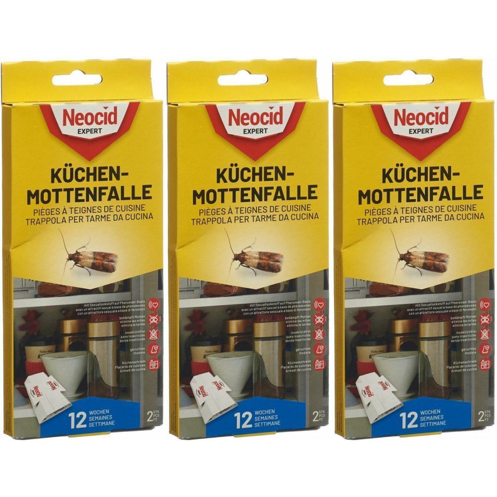 Drei Packungen Neocid Küchen-Mottenfalle. Gelbe Verpackung mit Produktnamen und Insektenabbildung. Enthält 12 Fallen.