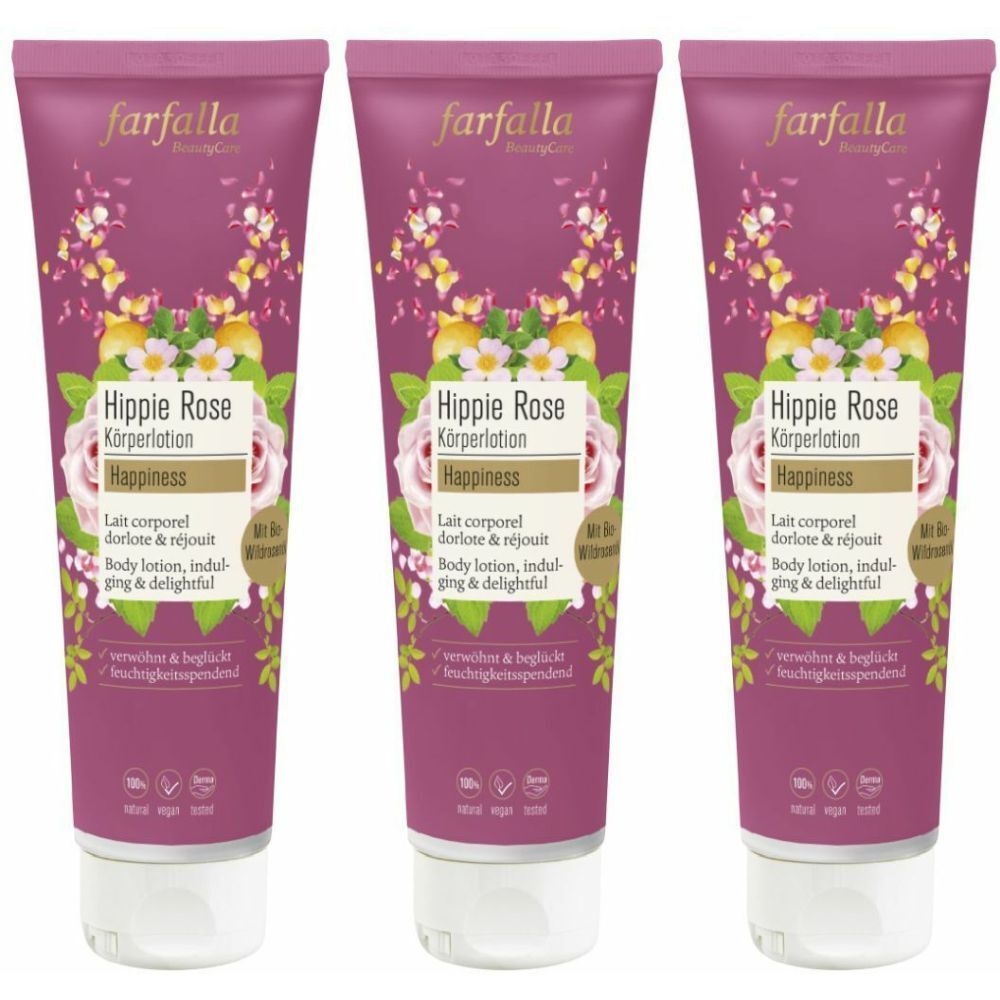 Drei Tuben Körperlotion. Auf jeder Tube steht "Hippie Rose Körperlotion Happiness". Die Tuben sind rosa mit floralem Design.