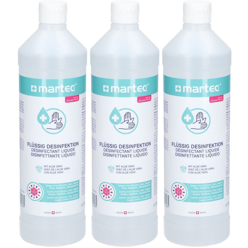 Trois flacons de désinfectant liquide avec Aloe Vera. Inscription: martec, Flüssig Desinfektion, Desinfectant Liquide, Disinfettante Liquido.