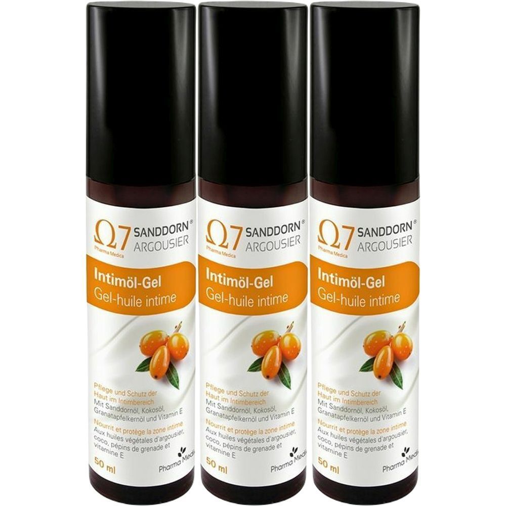 Drei Flaschen Intimöl-Gel mit schwarzem Deckel. Aufschrift: Sanddorn Argousier, Intimöl-Gel, 50 ml.