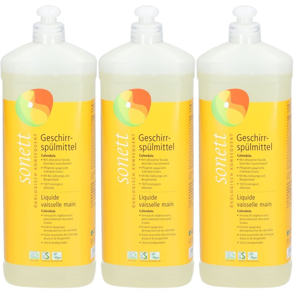 Trois flacons de liquide vaisselle avec étiquette jaune. Inscription : sonett, Geschirrspülmittel Calendula, Liquide vaisselle main.