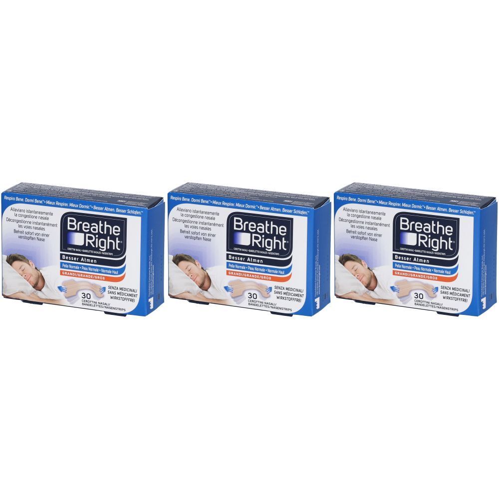 Trois boîtes de bandes nasales. Emballage bleu avec texte blanc et logo "Breathe Right". Chaque boîte montre une personne dormant.