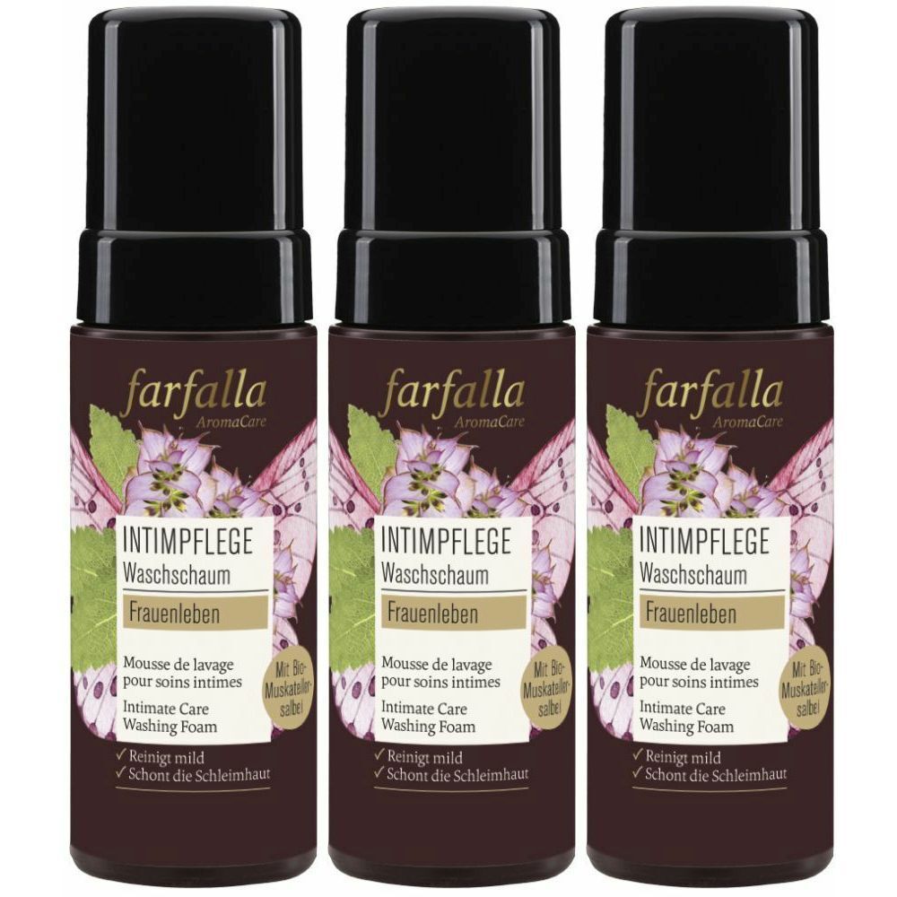 Drei Flaschen Intimwaschschaum. Dunkelbraune Flaschen mit schwarzem Deckel. Aufschrift: farfalla, Intimpflege, Frauenleben.