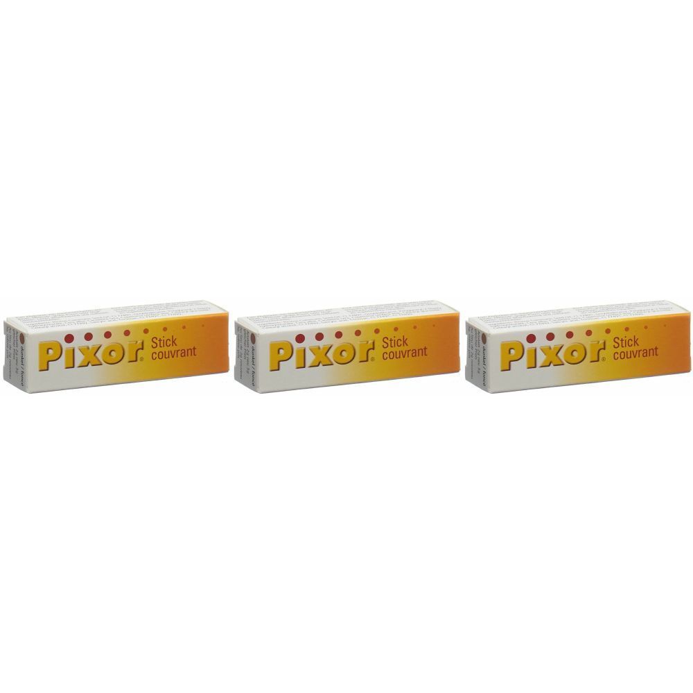 Drei rechteckige Verpackungen. Auf jeder Verpackung steht "Pixor Stick couvrant".