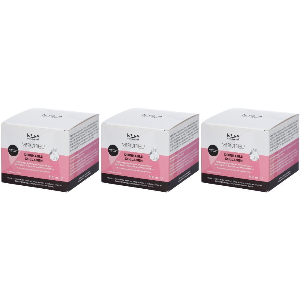 Drei Kartons mit der Aufschrift "kha Visiopiel Drinkable Collagen". Weiße Kartons mit rosa und schwarzen Akzenten.