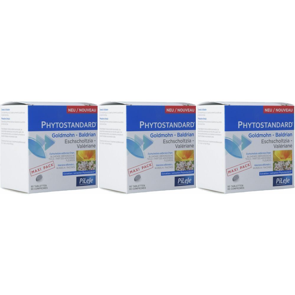 Trois boîtes PHYTOSTANDARD. Inscription: Goldmohn-Baldrian, Eschscholtzia-Valeriane. Maxi Pack. Marque Pileje.
