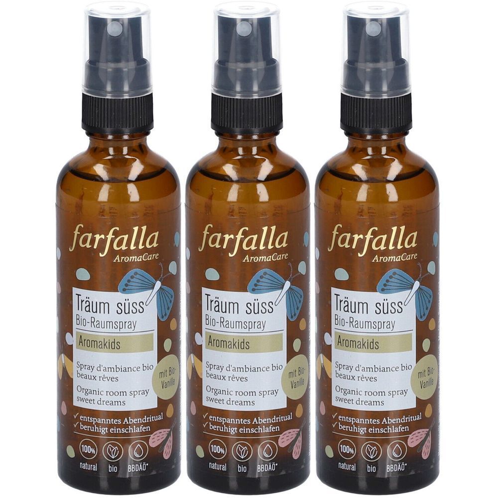 Drei braune Glasflaschen mit Sprühkopf. Aufschrift: farfalla AromaCare, Träum süss Bio-Raumspray Aromakids. Mit Bio-Vanille.