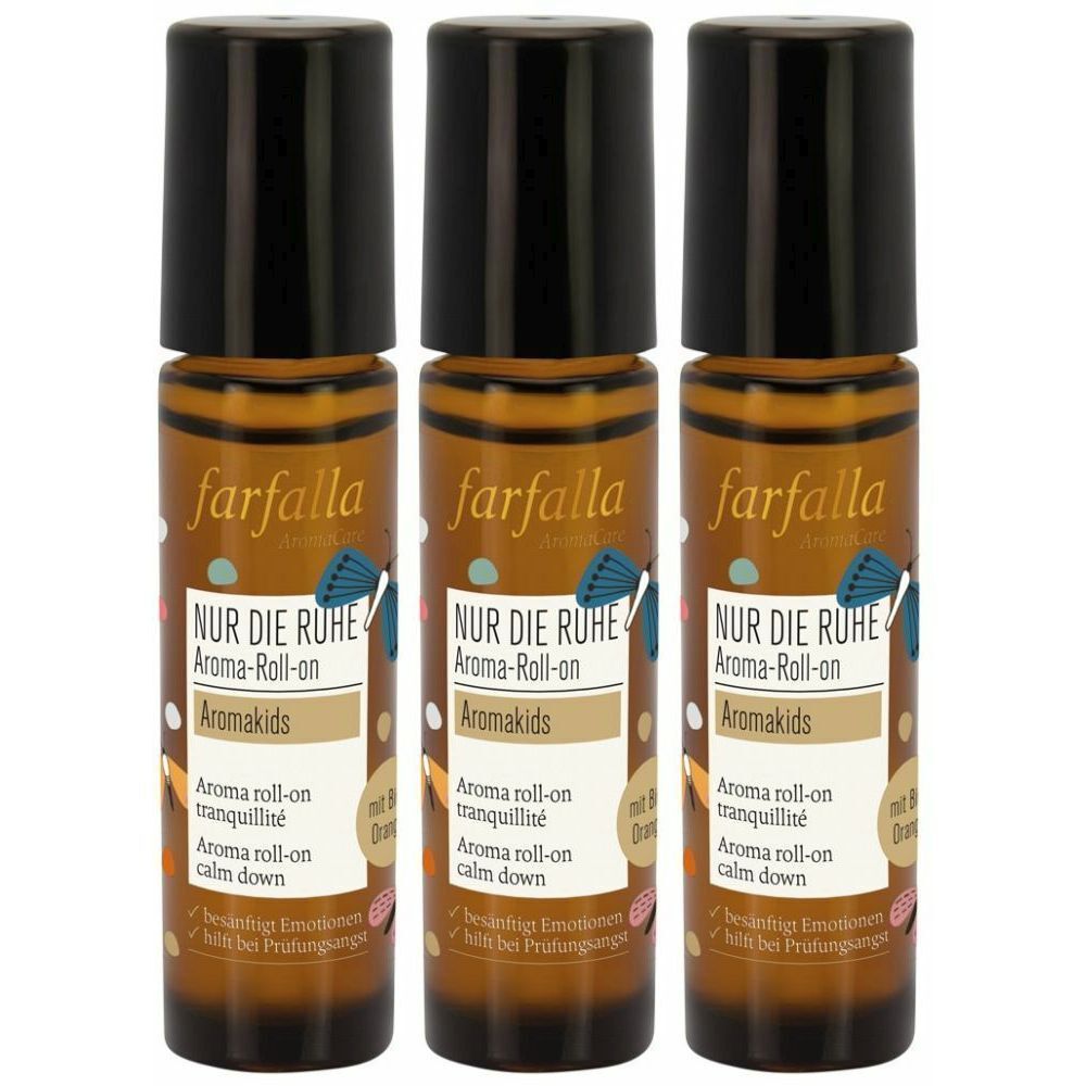 Trois flacons roll-on bruns avec bouchons noirs. Inscription: farfalla, NUR DIE RUHE, Aromakids. Texte en anglais et français.