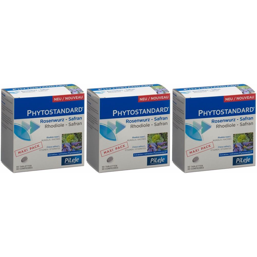Trois boîtes PHYTOSTANDARD® Rosenwurz-Safran. Emballage bleu et blanc avec nom et logo du produit. Mention "MAXI PACK".