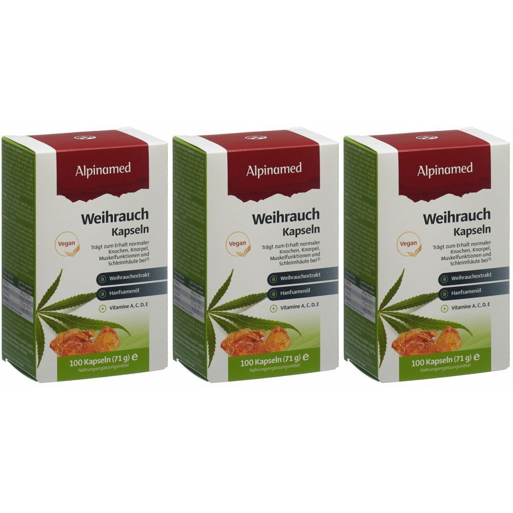 Drei Schachteln ALPINAMED Weihrauch Kapseln. Vegan. Mit Hanfblatt-Motiv und Produktinformationen.
