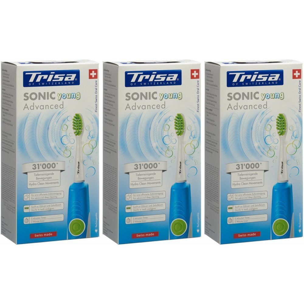 Drei Verpackungen der TRISA Sonic Advanced Young Ultraschallzahnbürste. Blaue Bürste mit grünem Bürstenkopf. Verpackung mit Text und Logo.