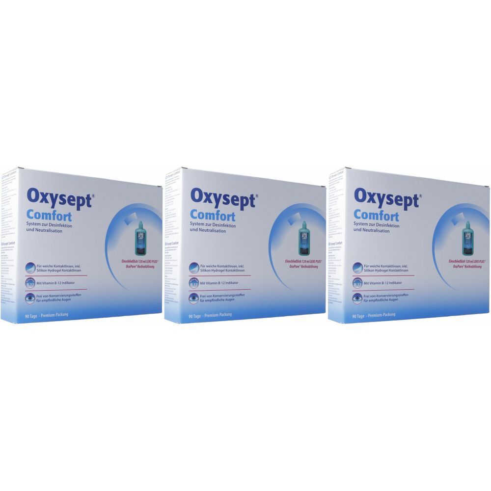 Drei Schachteln Oxysept Comfort. Weiße Verpackung mit blauem Design und Produktinformationen. Sichtbar ist eine Abbildung des Produkts.