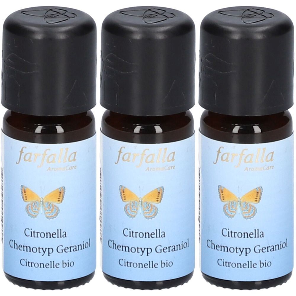 Drei braune Glasflaschen mit schwarzen Deckeln. Auf den Etiketten steht "farfalla", "Citronella" und "Citronelle bio".