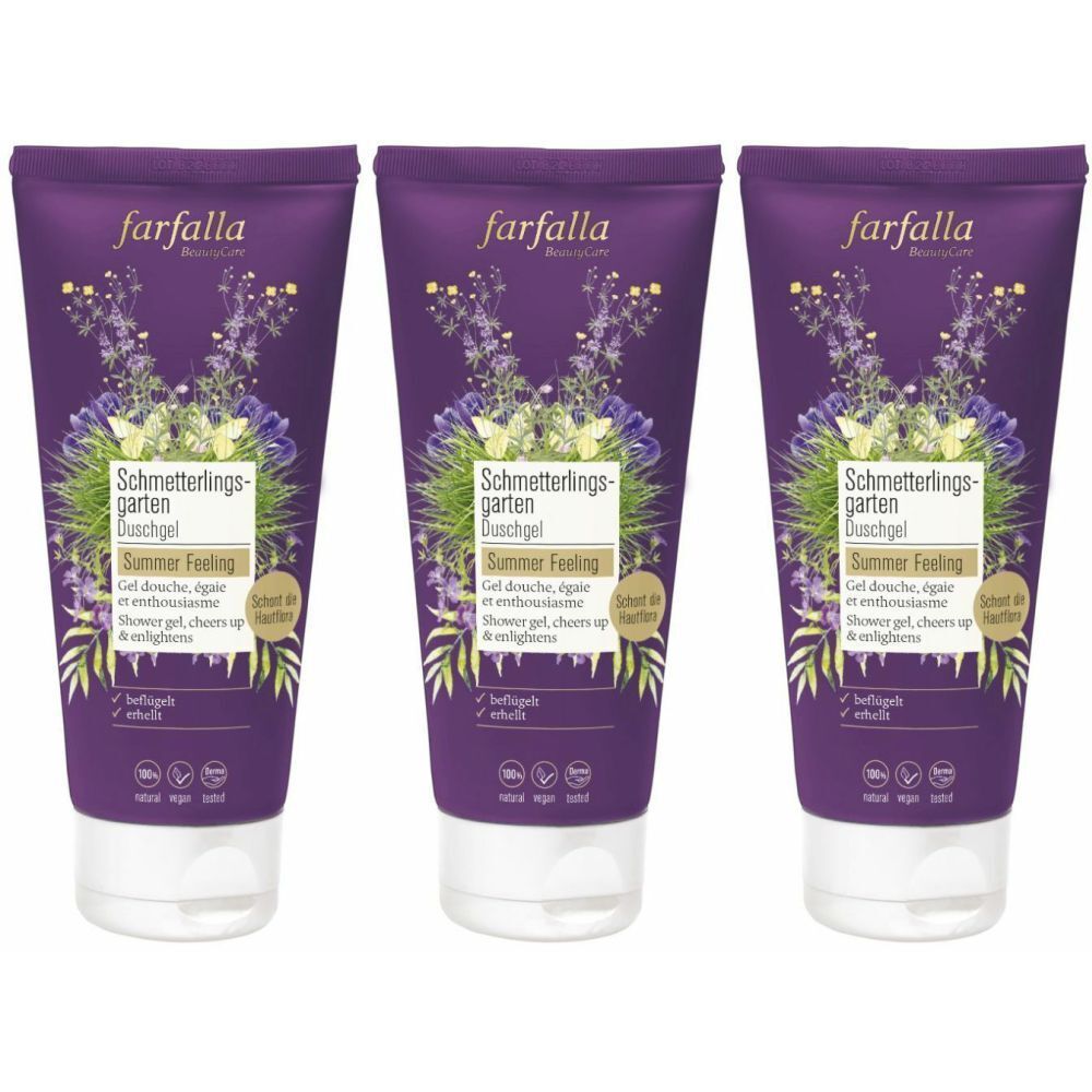 Drie tubes douchegel met paarse verpakking. Opschrift: farfalla, Schmetterlingsgarten, Summer Feeling. Witte dop.