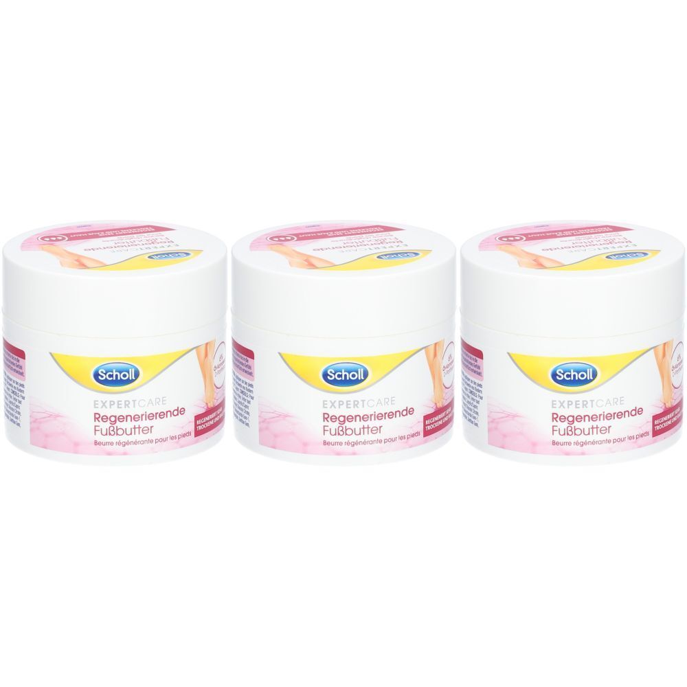 Trois pots blancs avec des étiquettes roses et jaunes. Les étiquettes indiquent "Scholl Expert Care Regenerierende Fußbutter".