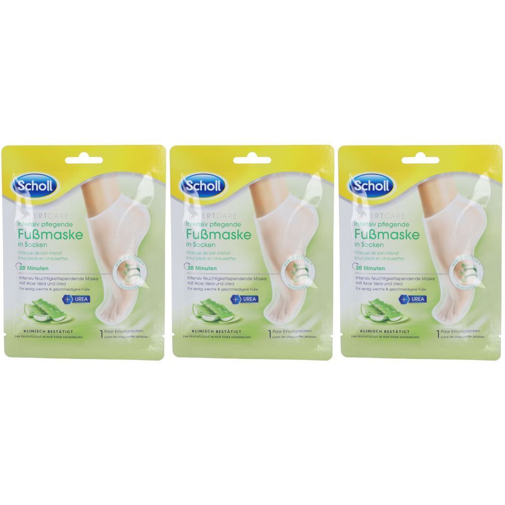 Trois paquets de masques pour les pieds en chaussettes. Un pied est représenté sur chaque paquet. La marque Scholl est visible.