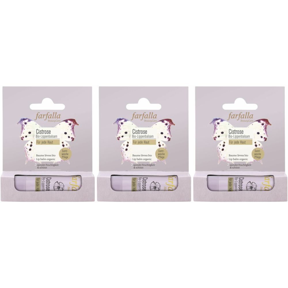 Drei Lippenbalsam-Verpackungen. Jede zeigt das Logo von farfalla und Produktinformationen. Die Lippenbalsam-Stifte sind sichtbar.