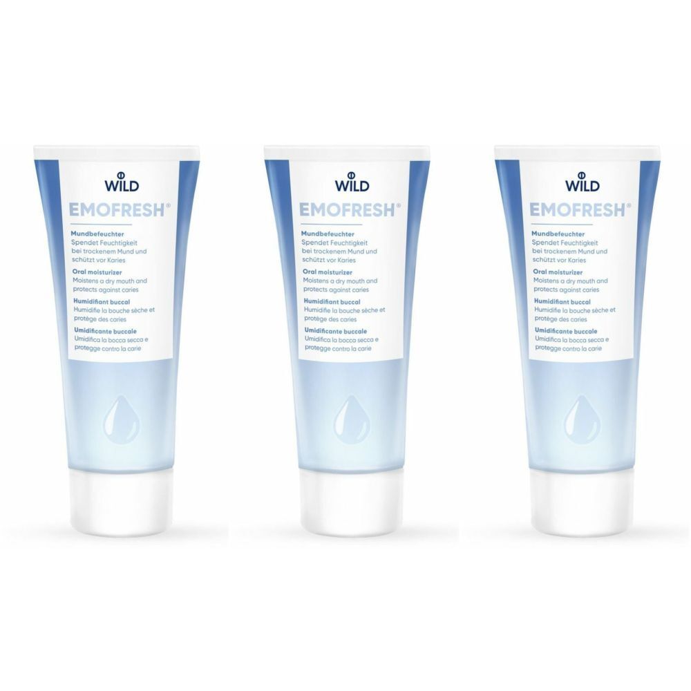 Trois tubes de produit avec bouchon blanc et étiquette bleu et blanc. Inscription: WILD EMOFRESH. Texte multilingue.