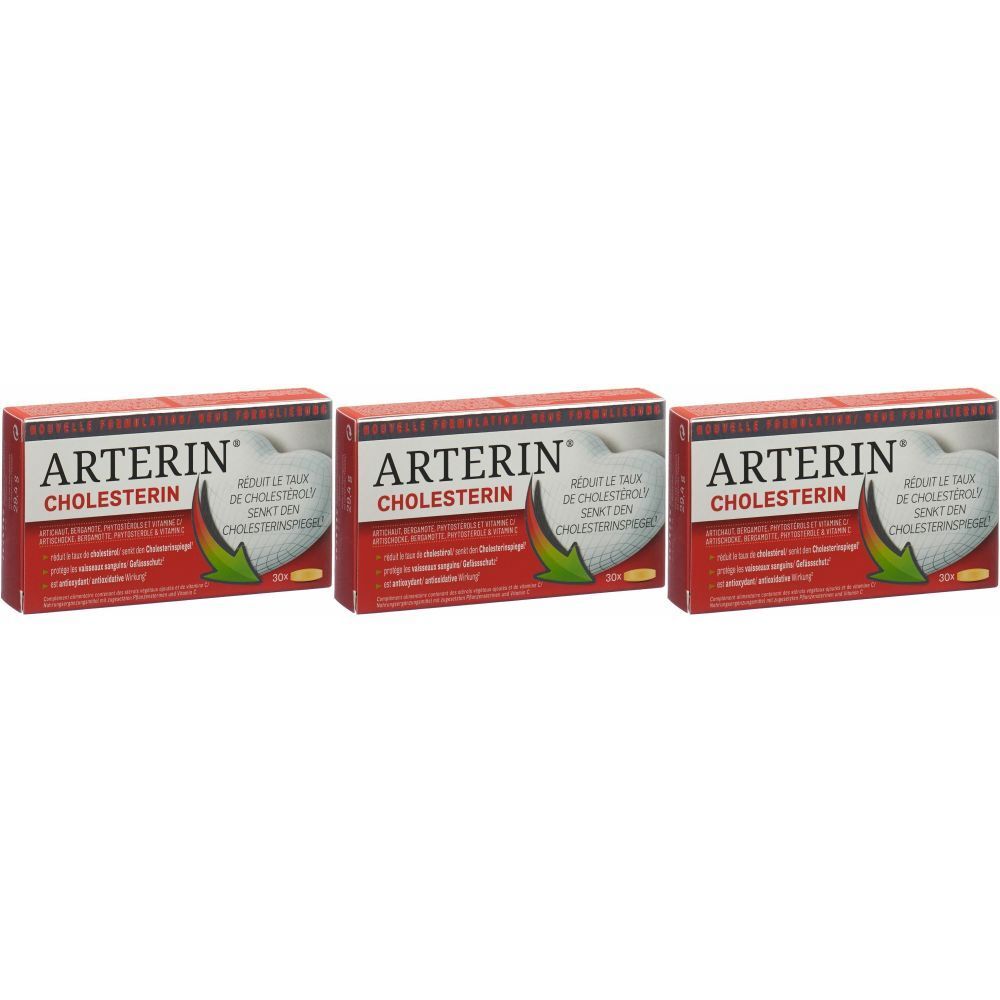 Drei Schachteln ARTERIN Cholesterin. Rote Verpackung mit weißem Herz und grünem Pfeil. Text: Reduziert Cholesterin.