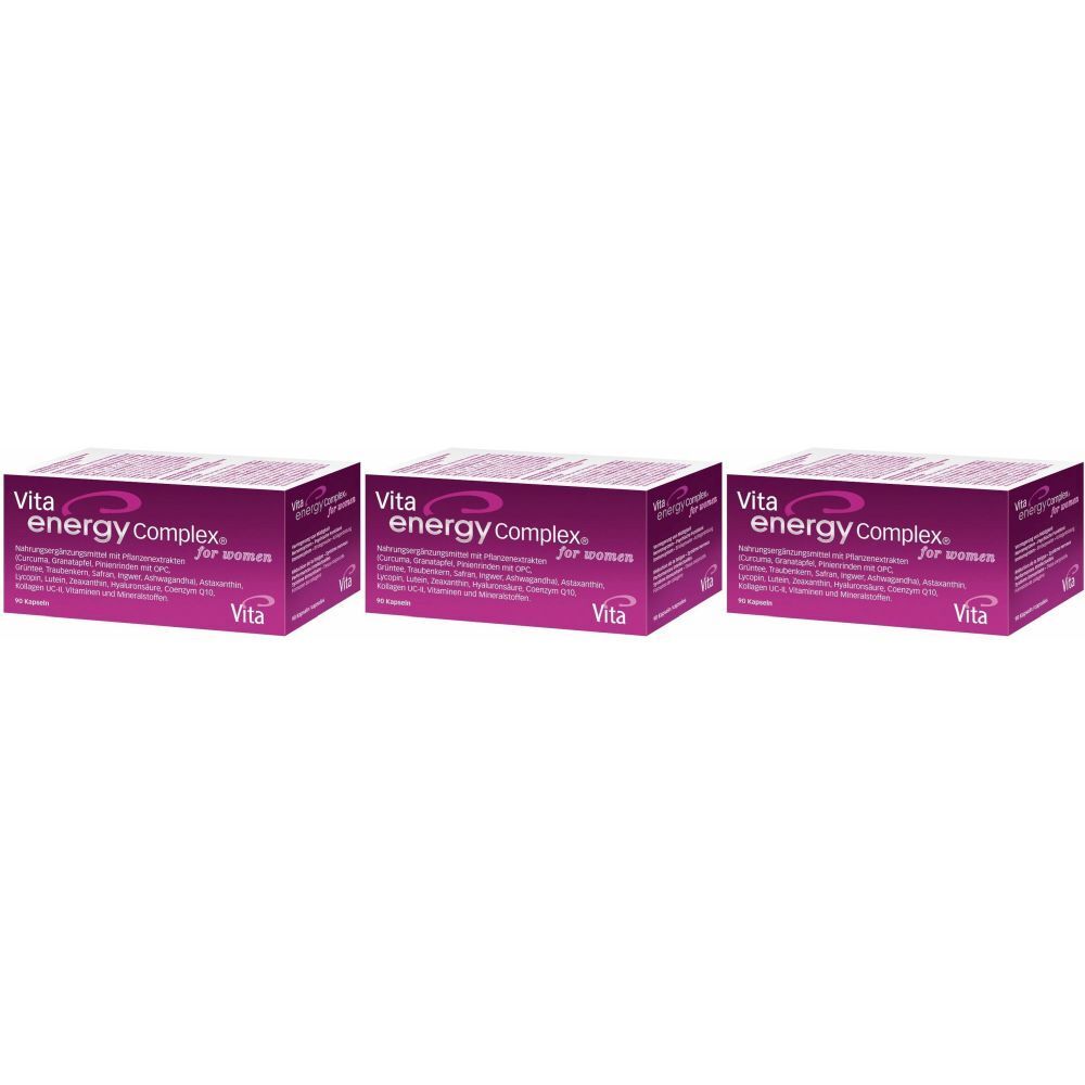 Drei Schachteln mit der Aufschrift "Vita energy Complex for women". Lila Verpackung mit weißer Schrift.