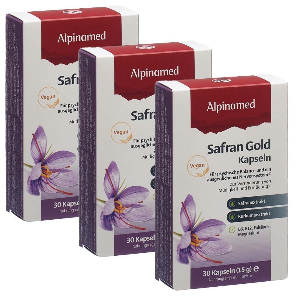 Drei Packungen ALPINAMED Safran Gold Kapseln. Aufdrucke: Safran Gold Kapseln, Vegan, 30 Kapseln, 15g, Safranextrakt, Kurkumaextrakt.